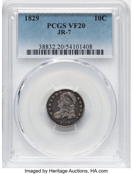 image for: 1829 10C Small 10C, JR-7, R.1, VF20 PCGS. PCGS Population: 1 in 20, 11 finer (10/25). CDN: $100 Whsle. Bid for NGC/PCGS VF2...