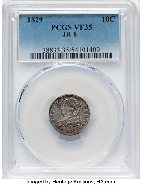image for: 1829 10C Small 10C, JR-8, R.4, VF35 PCGS. PCGS Population: 1 in 35, 7 finer (10/25). CDN: $170 Whsle. Bid for NGC/PCGS VF35...