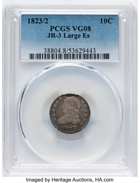 image for: 1823/2 10C Large E's, JR-3, R.2, VG8 PCGS. PCGS Population: 1 in 8, 8 finer (10/25). CDN: $150 Whsle. Bid for NGC/PCGS VG8 ...