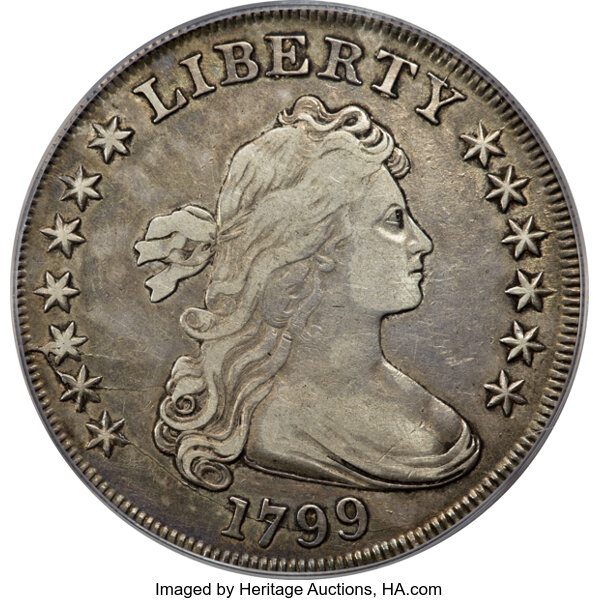 image for: 1799 $1 7x6 Stars, B-19, BB-155, R.5, VF30 PCGS. Bowers Die State IV. This late die state example shows prominent die crack...