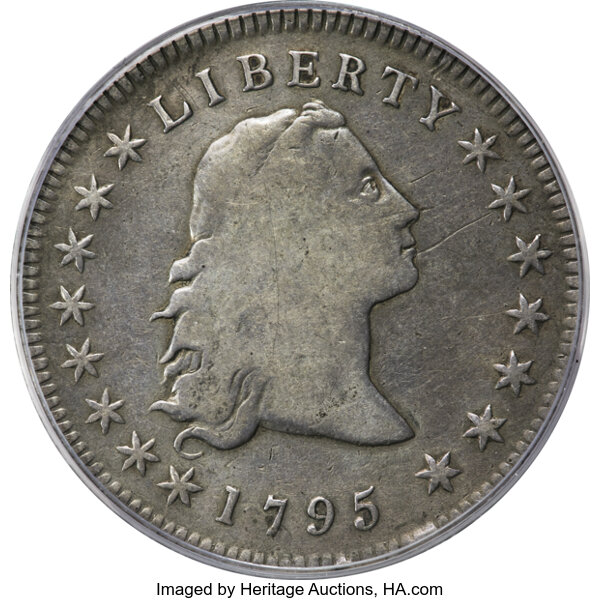 image for: 1795 $1 Flowing Hair, Three Leaves, B-5, BB-27, R.1, Fine 12 PCGS. BB-27 is the typically encountered Three Leaves variety,...
