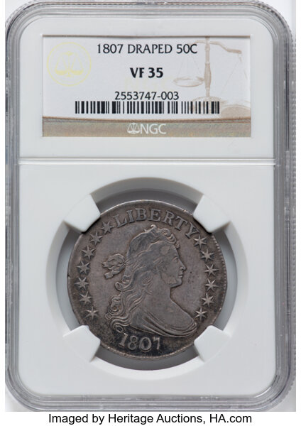 image for: 1807 50C Draped Bust, O-102, T-8, R.2, VF35 NGC. CDN: $960 Whsle. Bid for NGC/PCGS VF35. Mintage 301,076....