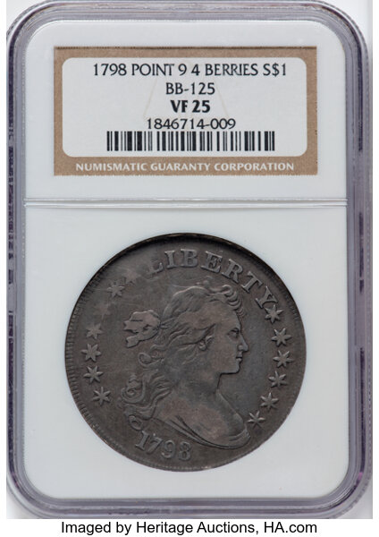 image for: 1798 $1 Large Eagle, Pointed 9, 4 Berries, 4 Lines, B-8, BB-125, R.2, VF25 NGC. NGC Census: 6 in 25, 23 finer (10/25). CDN:...