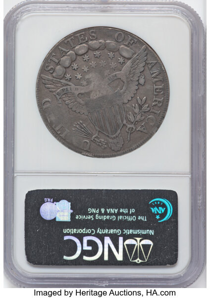 image for: 1798 $1 Large Eagle, Pointed 9, 4 Berries, 4 Lines, B-8, BB-125, R.2, VF25 NGC. NGC Census: 6 in 25, 23 finer (10/25). CDN:...