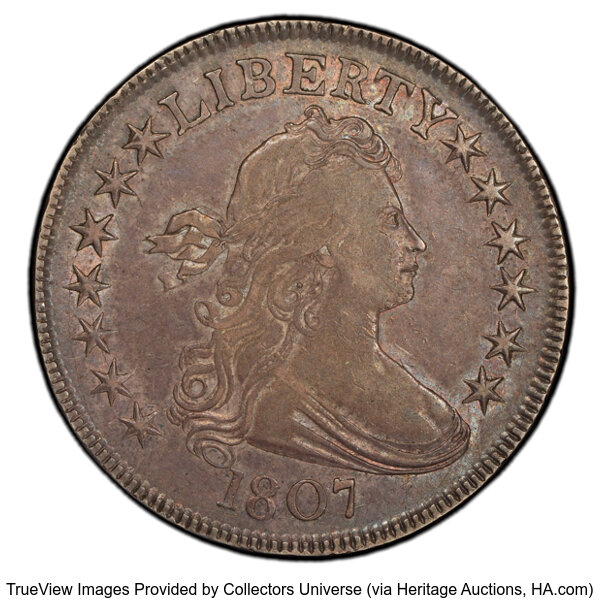 image for: 1807 50C Draped Bust, O-110, T-3, R.2, XF45 PCGS.  CDN: $1,700 Whsle. Bid for NGC/PCGS XF45. Mintage 301,076....