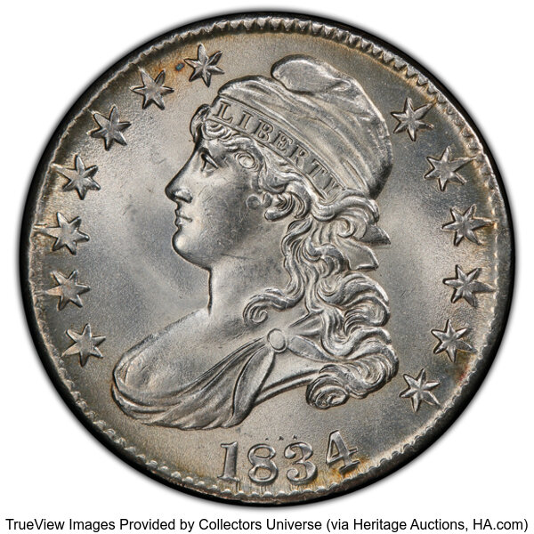 image for: 1834 50C Large Date, Large Letters, O-101, R.1, MS64 PCGS. PCGS Population: 60 in 64 (3 in 64+), 16 finer (10/25). CDN: $2,...