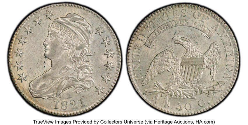 image for: 1821 50C O-101a, R.1, AU55 PCGS. PCGS Population: 6 in 55, 6 finer (10/25). CDN: $720 Whsle. Bid for NGC/PCGS AU55. Mintage...