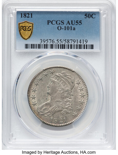 image for: 1821 50C O-101a, R.1, AU55 PCGS. PCGS Population: 6 in 55, 6 finer (10/25). CDN: $720 Whsle. Bid for NGC/PCGS AU55. Mintage...