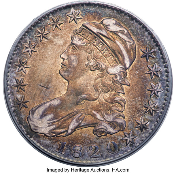 image for: 1820 50C Square Base 2, Large Date, Knob, O-104, R.3, XF45 PCGS. Ex: Witham. PCGS Population: 5 in 45, 9 finer (10/25). CDN...