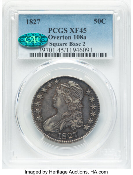 image for: 1827 50C Square Base 2, O-108a, Low R.4, XF45 PCGS. CAC. PCGS Population: 5 in 45, 9 finer. CAC: 1 in 45, 0 finer (10/25). ...