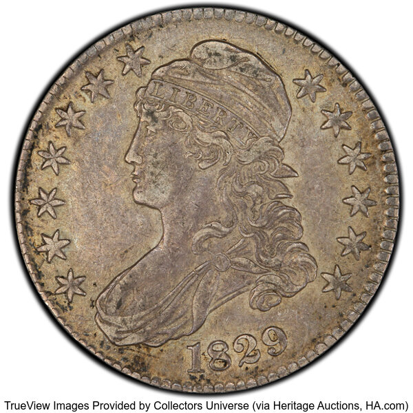 image for: 1829 50C Small Letters, O-107, R.3, XF45 PCGS. CAC. Ex: Peterson. PCGS Population: 3 in 45, 15 finer. CAC: 1 in 45, 3 finer...