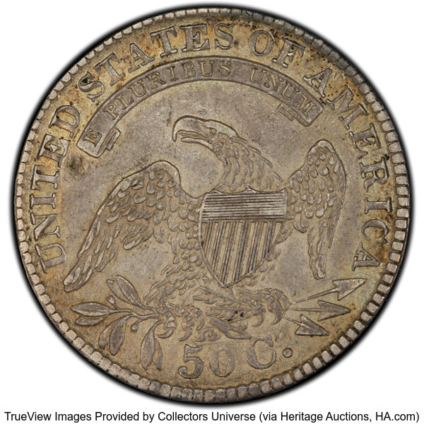 image for: 1829 50C Small Letters, O-107, R.3, XF45 PCGS. CAC. Ex: Peterson. PCGS Population: 3 in 45, 15 finer. CAC: 1 in 45, 3 finer...