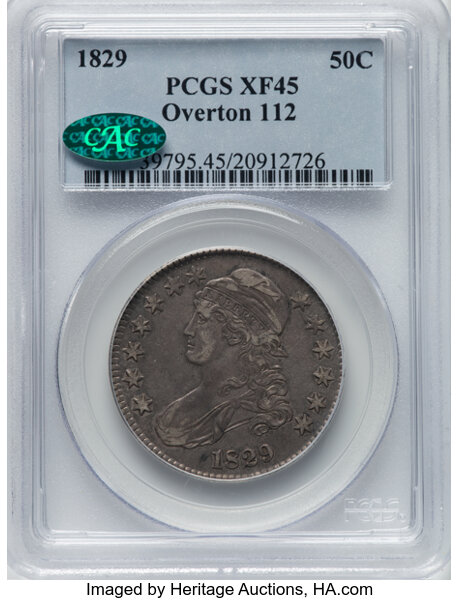 image for: 1829 50C Small Letters, O-112, R.1, XF45 PCGS. CAC. PCGS Population: 10 in 45, 18 finer. CAC: 1 in 45, 3 finer (10/25). CDN...