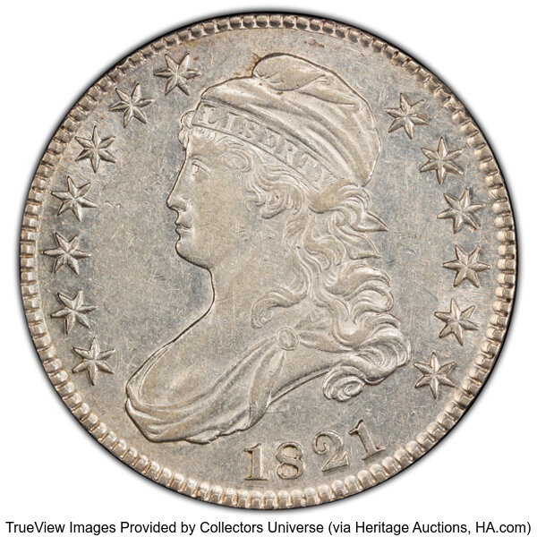 image for: 1821 50C O-101a, R.1, AU50 PCGS. Attributed by PCGS as O-101, R.3, but it is the more plentiful middle  die state with a cr...