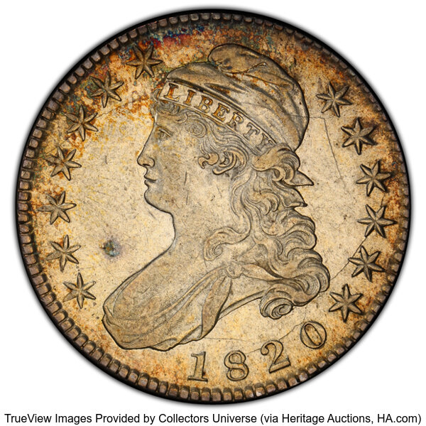 image for: 1820 50C Square Base 2, Large Date, Knob, O-105a, R.3, XF45 PCGS. PCGS Population: 1 in 45, 6 finer (10/25). CDN: $656.25 W...