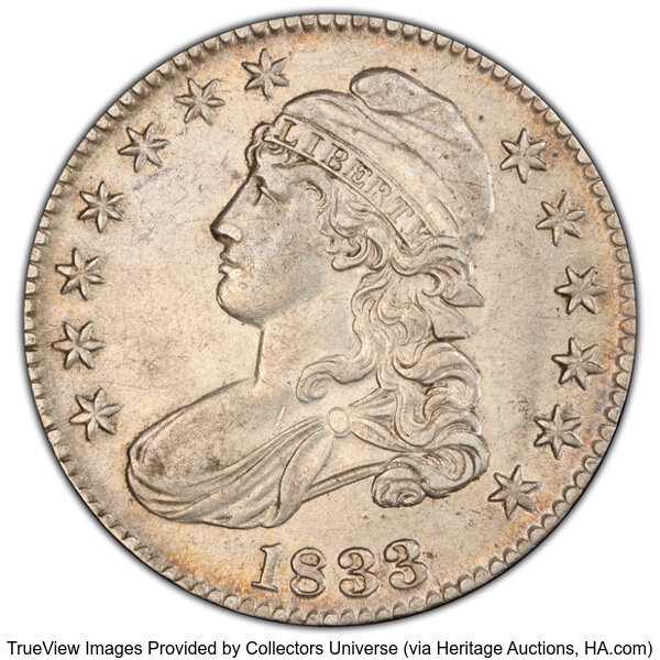 image for: 1833 50C O-104, R.1, AU50 PCGS. PCGS Population: 2 in 50, 13 finer (10/25). CDN: $255 Whsle. Bid for NGC/PCGS AU50. Mintage...