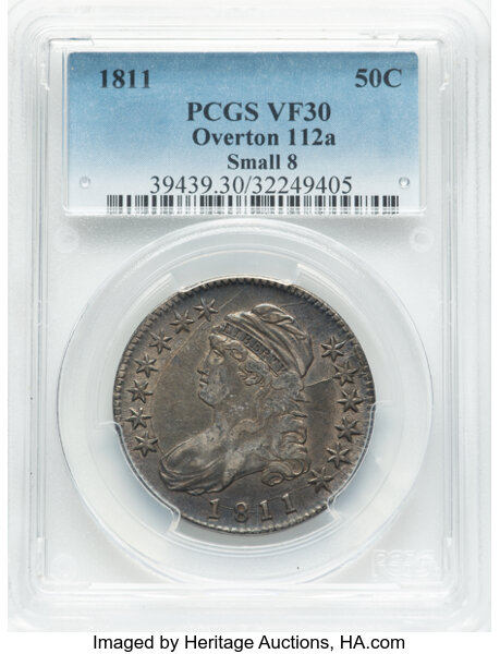 image for: 1811 50C Small 8, O-112a, R.5, VF30 PCGS. PCGS Population: 4 in 30, 13 finer (10/25). CDN: $330 Whsle. Bid for NGC/PCGS VF3...