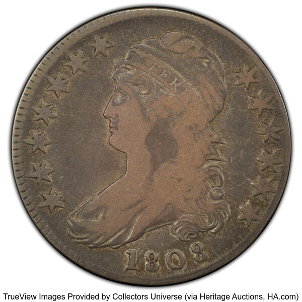 image for: 1808 50C O-104, R.3, VG10 PCGS. PCGS Population: 2 in 10, 24 finer (10/25). CDN: $101 Whsle. Bid for NGC/PCGS VG10....