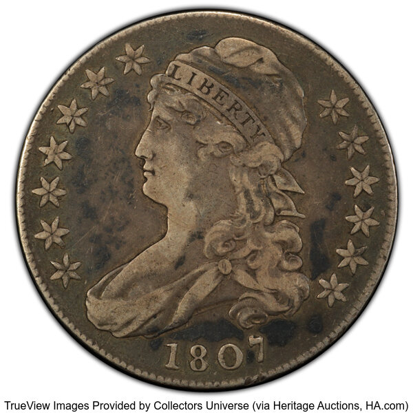 image for: 1807 50C Capped Bust, Large Stars, O-114, R.3, VF20 PCGS. PCGS Population: 5 in 20, 33 finer (10/25). CDN: $600 Whsle. Bid ...