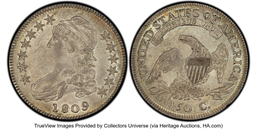 image for: 1809 50C Normal Edge, O-105, R.2, AU55 PCGS. CAC. Ex: Link. PCGS Population: 3 in 55, 3 finer. CAC: 2 in 55, 2 finer (10/25...