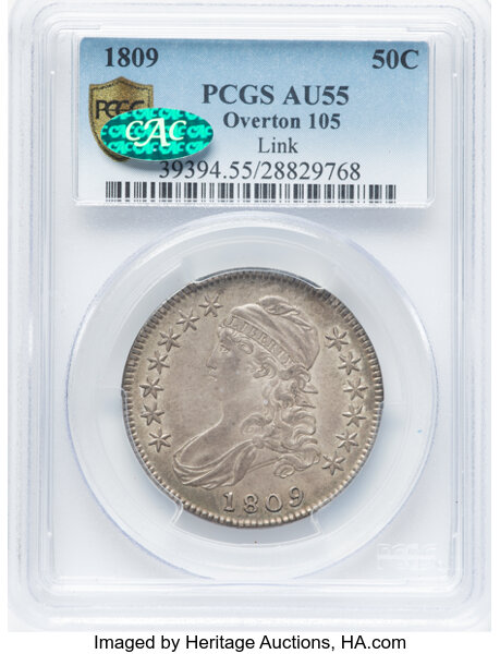 image for: 1809 50C Normal Edge, O-105, R.2, AU55 PCGS. CAC. Ex: Link. PCGS Population: 3 in 55, 3 finer. CAC: 2 in 55, 2 finer (10/25...