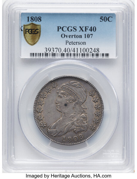image for: 1808 50C O-107a, R.3, XF40 PCGS. Ex: Peterson. Designated as O-107 by PCGS, but the coin is the O-107a die state with a cra...