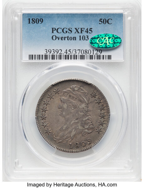 image for: 1809 50C Normal Edge, O-103, R.2, XF45 PCGS. CAC. PCGS Population: 4 in 45, 21 finer. CAC: 2 in 45, 5 finer (10/25). CDN: $...