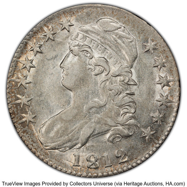 image for: 1812 50C Large 8, O-106, R.3, AU53 PCGS. PCGS Population: 2 in 53, 5 finer (10/25). CDN: $693 Whsle. Bid for NGC/PCGS AU53....