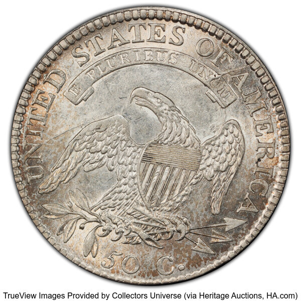 image for: 1812 50C Large 8, O-106, R.3, AU53 PCGS. PCGS Population: 2 in 53, 5 finer (10/25). CDN: $693 Whsle. Bid for NGC/PCGS AU53....