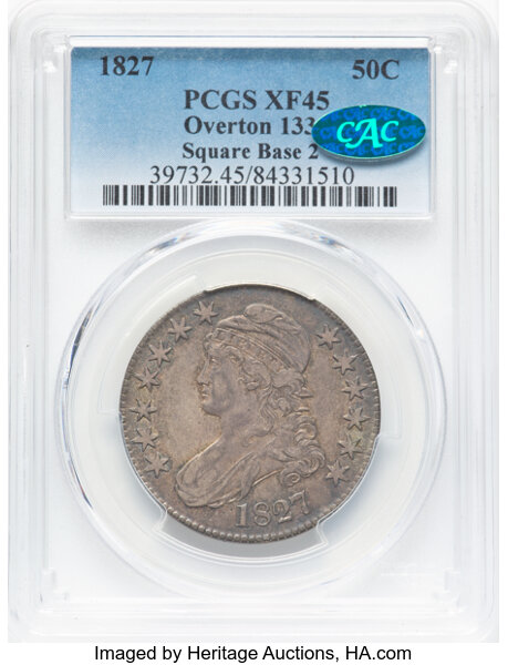 image for: 1827 50C Square Base 2, O-133, R.4, XF45 PCGS. CAC. PCGS Population: 4 in 45, 11 finer. CAC: 2 in 45, 2 finer (10/25). CDN:...