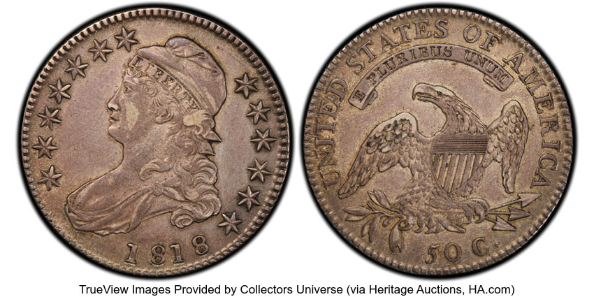 image for: 1818 50C O-114, R.4, XF45 PCGS. CAC. PCGS Population: 4 in 45, 1 finer (10/25). CDN: $605 Whsle. Bid for NGC/PCGS XF45. Min...