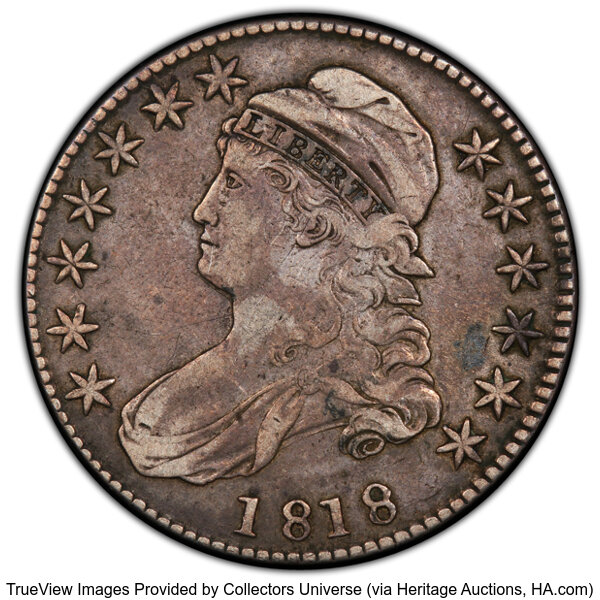 image for: 1818 50C O-112, R.2, VF30 PCGS. The scarce O-112' (prime) die state without die cracks. PCGS Population: 5 in 30, 29 finer ...