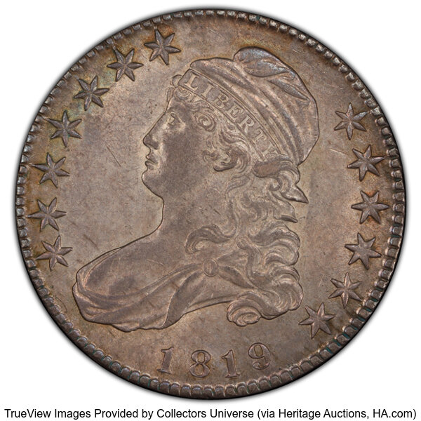 image for: 1819 50C O-111, R.3, AU55 PCGS. PCGS Population: 6 in 55, 1 finer (10/25). CDN: $945 Whsle. Bid for NGC/PCGS AU55. Mintage ...