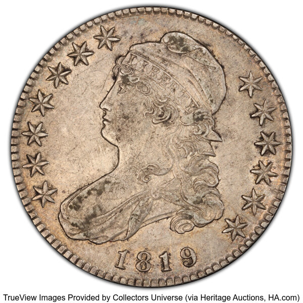 image for: 1819 50C O-107a, R.4, AU50 PCGS. PCGS Population: 1 in 50, 1 finer (10/25). CDN: $660 Whsle. Bid for NGC/PCGS AU50. Mintage...