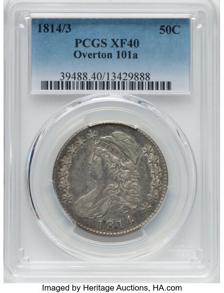 image for: 1814/3 50C O-101a, R.1, XF40 PCGS. PCGS Population: 12 in 40, 24 finer (10/25). CDN: $850 Whsle. Bid for NGC/PCGS XF40....