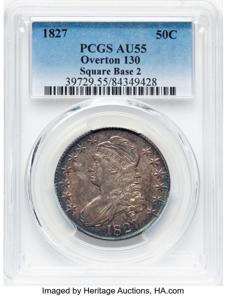 image for: 1827 50C Square Base 2, O-130, R.4, AU55 PCGS. PCGS Population: 3 in 55, 3 finer (10/25). CDN: $528 Whsle. Bid for NGC/PCGS...