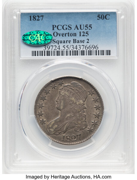 image for: 1827 50C Square Base 2, O-125, R.3, AU55 PCGS. CAC. PCGS Population: 4 in 55, 8 finer. CAC: 2 in 55, 2 finer (10/25). CDN: ...