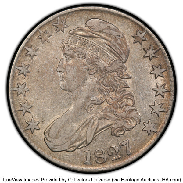 image for: 1827 50C Square Base 2, O-127, R.5, XF45 PCGS. PCGS Population: 4 in 45, 6 finer (10/25). CDN: $2,100 Whsle. Bid for NGC/PC...