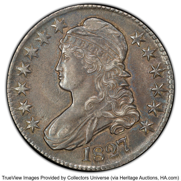 image for: 1827 50C Square Base 2, O-129, Low R.4, AU55 PCGS. PCGS Population: 2 in 55, 7 finer (10/25). CDN: $528 Whsle. Bid for NGC/...