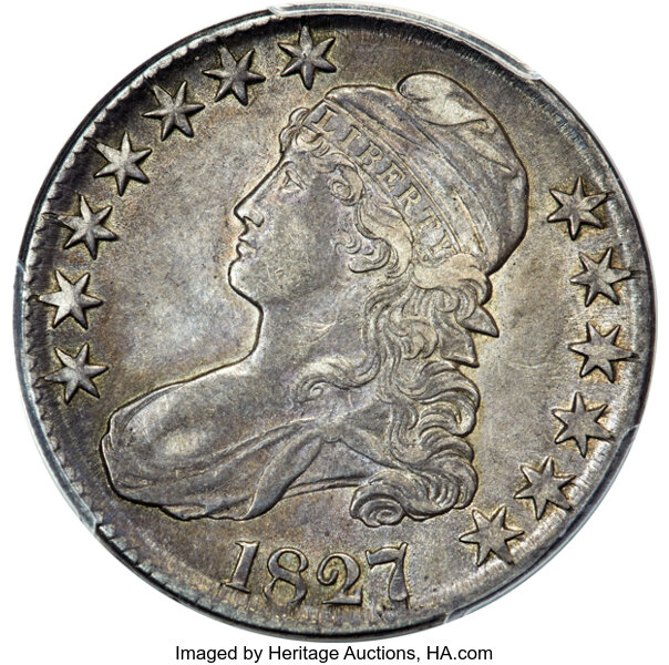 image for: 1827 50C Square Base 2, O-118a, R.5, AU53 PCGS. CAC. PCGS Population: 1 in 53, 2 finer. CAC: 1 in 53, 1 finer (10/25). CDN:...