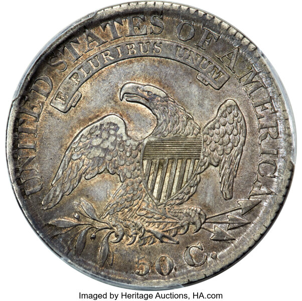 image for: 1827 50C Square Base 2, O-118a, R.5, AU53 PCGS. CAC. PCGS Population: 1 in 53, 2 finer. CAC: 1 in 53, 1 finer (10/25). CDN:...