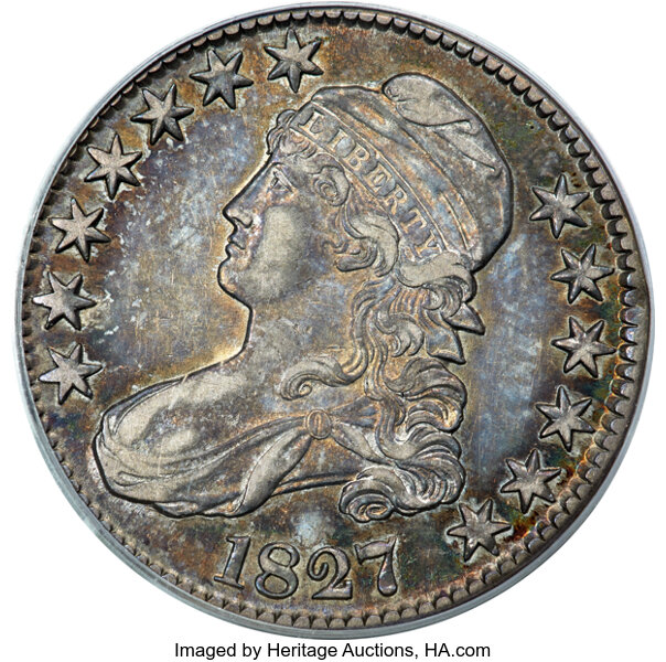 image for: 1827 50C Square Base 2, O-118, Low R.4, AU53 PCGS. Ex: Witham. PCGS Population: 3 in 53, 6 finer (10/25). CDN: $363 Whsle. ...