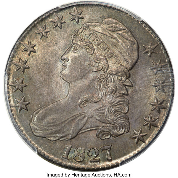 image for: 1827 50C Square Base 2, O-112a, High R.4, MS62 PCGS. Ex: Link. PCGS Population: 1 in 62, 1 finer (10/25). CDN: $1,380 Whsle...