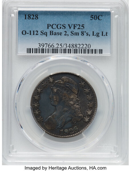 image for: 1828 50C Square Base 2, Small 8s, Large Letters, O-112, R.3, VF25 PCGS. PCGS Population: 1 in 25, 26 finer (10/25). CDN: $1...