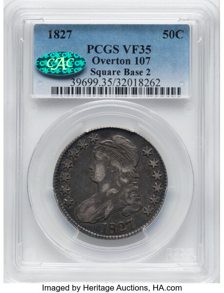 image for: 1827 50C Square Base 2, O-107, R.3, VF35 PCGS. CAC. PCGS Population: 3 in 35, 19 finer. CAC: 1 in 35, 2 finer (10/25). CDN:...