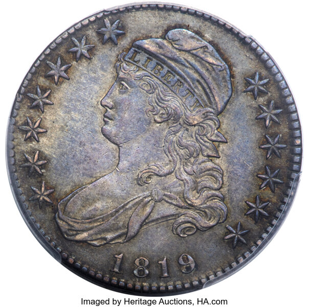 image for: 1819 50C O-110a, R.3, AU58 PCGS. CAC. Ex: Link. Attributed as O-110 by PCGS, but the O-112a die crack atop UNITED STATES is...