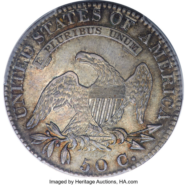 image for: 1819 50C O-110a, R.3, AU58 PCGS. CAC. Ex: Link. Attributed as O-110 by PCGS, but the O-112a die crack atop UNITED STATES is...