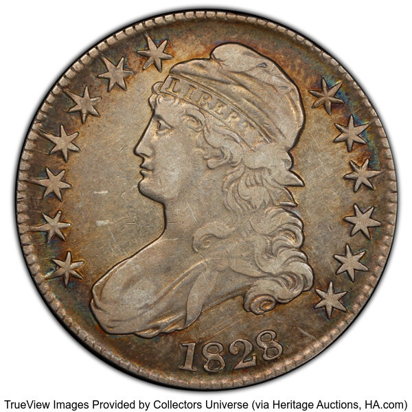 image for: 1828 50C Square Base 2, Small 8s, Large Letters, O-120, R.2, VF30 PCGS. PCGS Population: 4 in 30, 28 finer (10/25). CDN: $1...