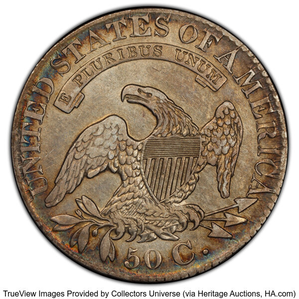 image for: 1828 50C Square Base 2, Small 8s, Large Letters, O-120, R.2, VF30 PCGS. PCGS Population: 4 in 30, 28 finer (10/25). CDN: $1...