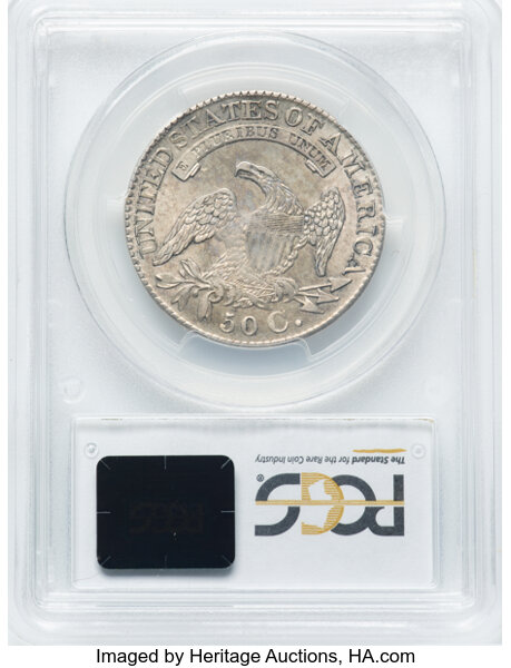 image for: 1827 50C Square Base 2, O-111, R.4, AU58 PCGS. PCGS Population: 2 in 58, 1 finer (10/25). CDN: $792 Whsle. Bid for NGC/PCGS...